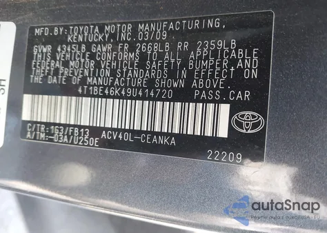 2009 Toyota Camry Le из США, поврежденный, VIN 4T1BE46K49U414720